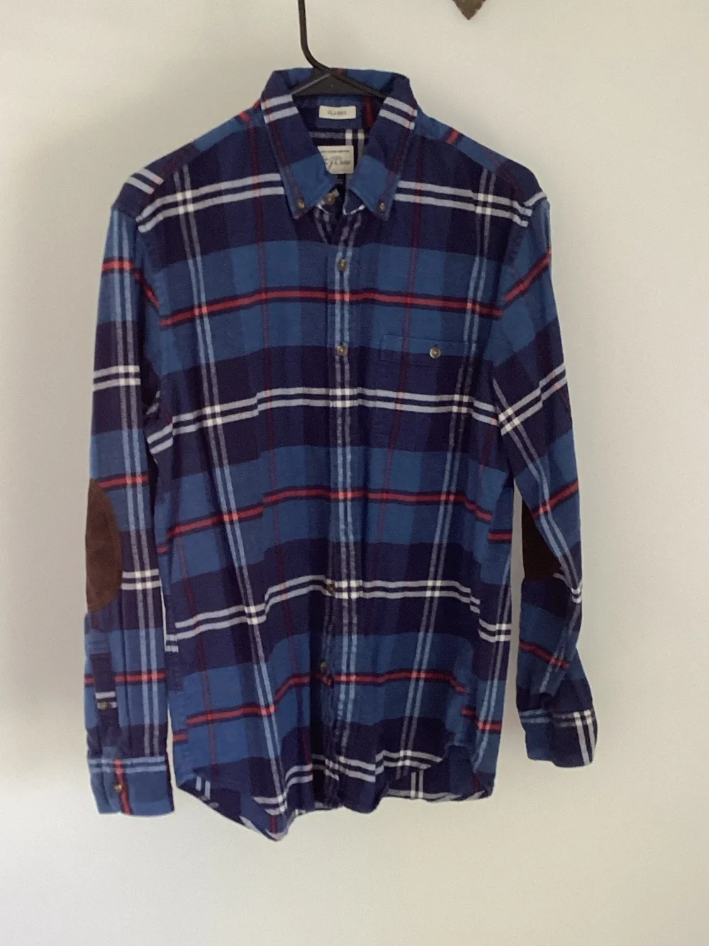 J. Crew Blue Plaid Button-Down Shirt with Brown Elbow Patches